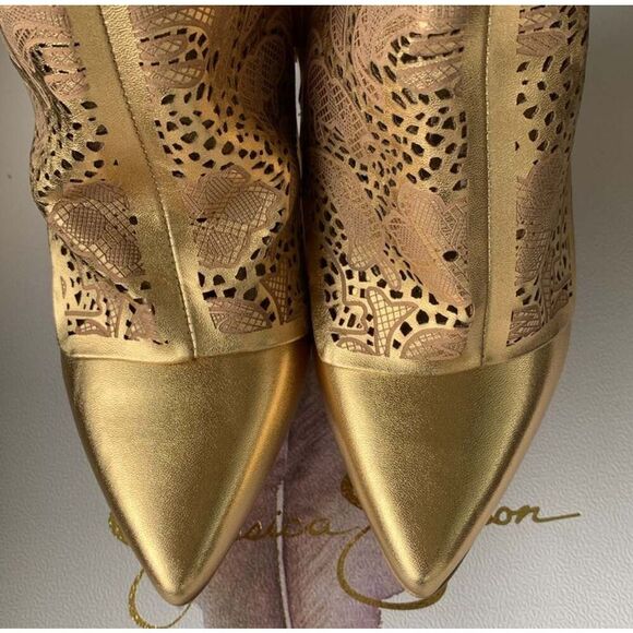 Jessica Simpson BRYKIA2 Gold Hollow Out Pointed Toe Knee High Western Boots - Picture 10 of 12